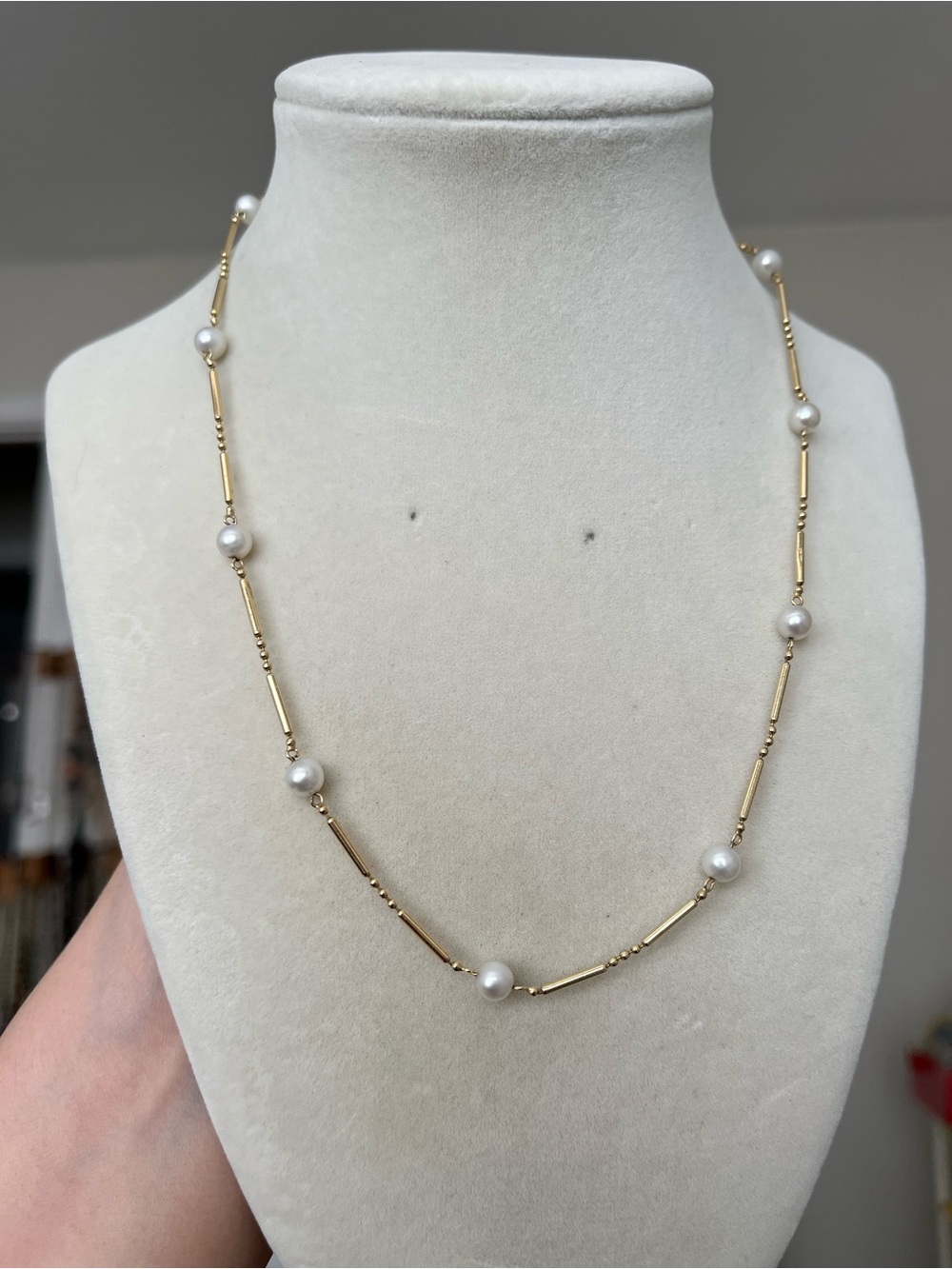 14k Yellow Gold Pearl Station Chain Necklace 16” 6.76 grams